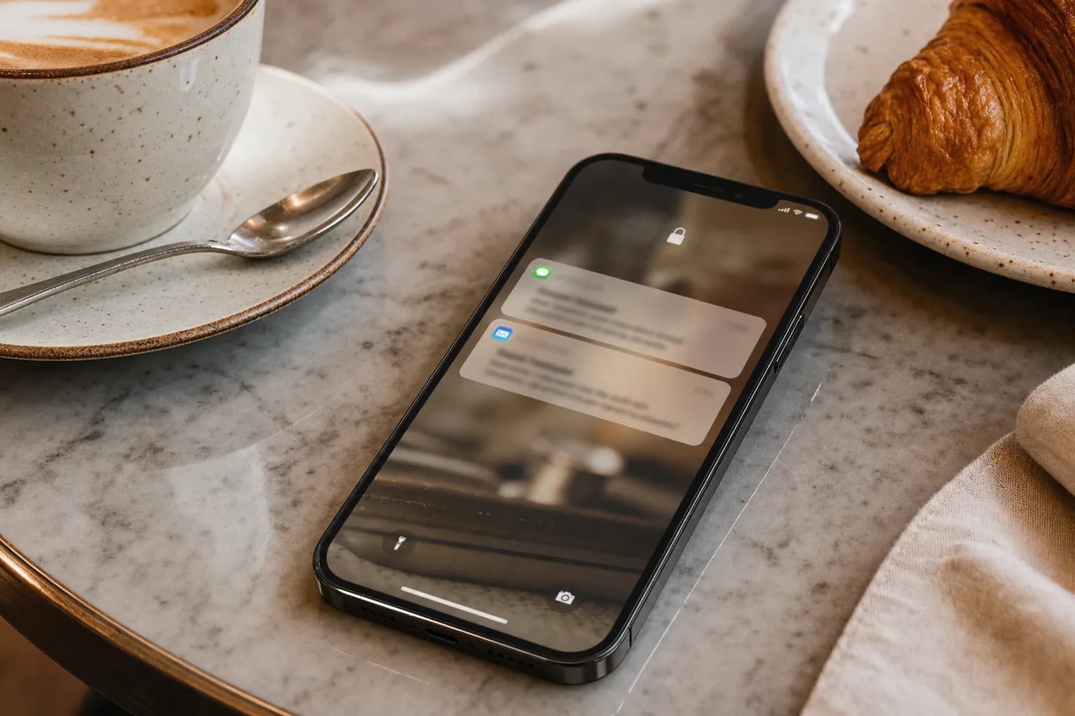 Email and SMS campaign on a phone next to a coffee cup
