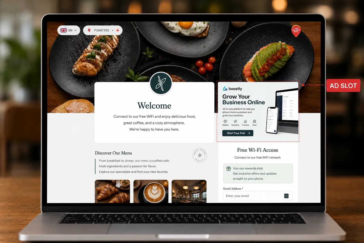 Promoted business showcased in a splash page ad slot