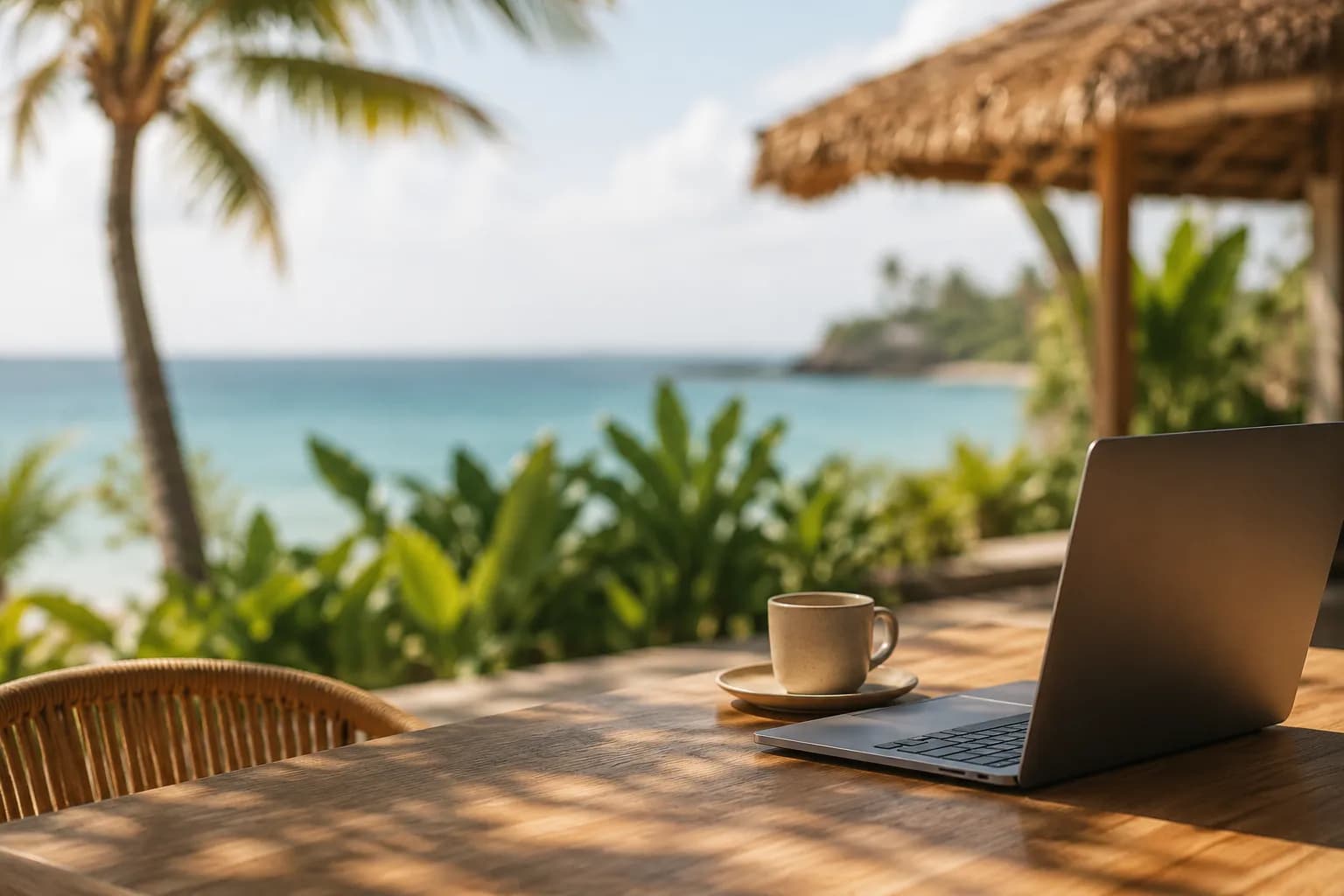 Laptop and coffee on a terrace overlooking a tropical beach in the Dominican Republic