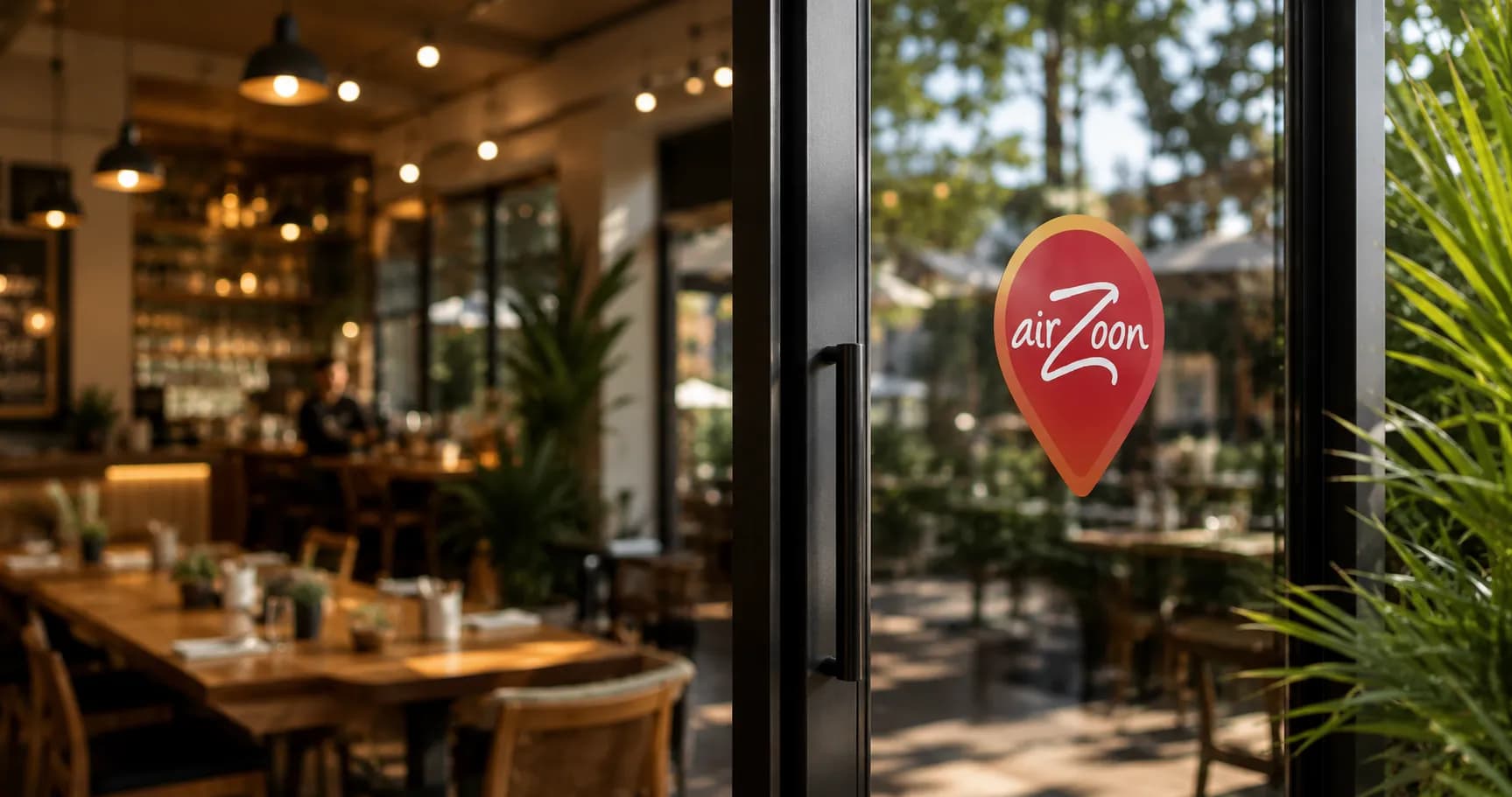 airZoon Free WiFi decal on the door of a sunny restaurant terrace